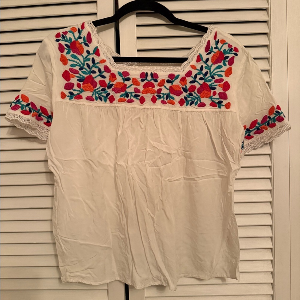 Solitaire White Blouse with Colorful Embroidery